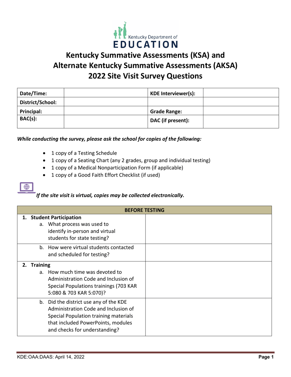 Kentucky Summative Assessments (Ksa) and Alternate Kentucky Summative Assessments (Aksa) Site Visit Survey Questions - Kentucky, Page 1