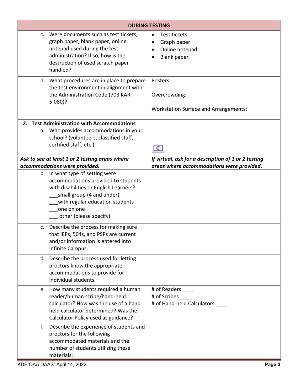 Kentucky Summative Assessments (Ksa) and Alternate Kentucky Summative Assessments (Aksa) Site Visit Survey Questions - Kentucky, Page 3