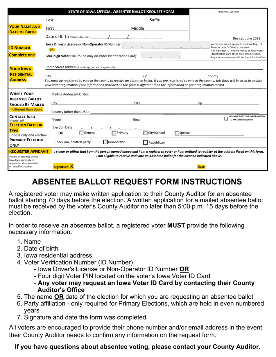 Absentee Ballot Request Form - Iowa, Page 1