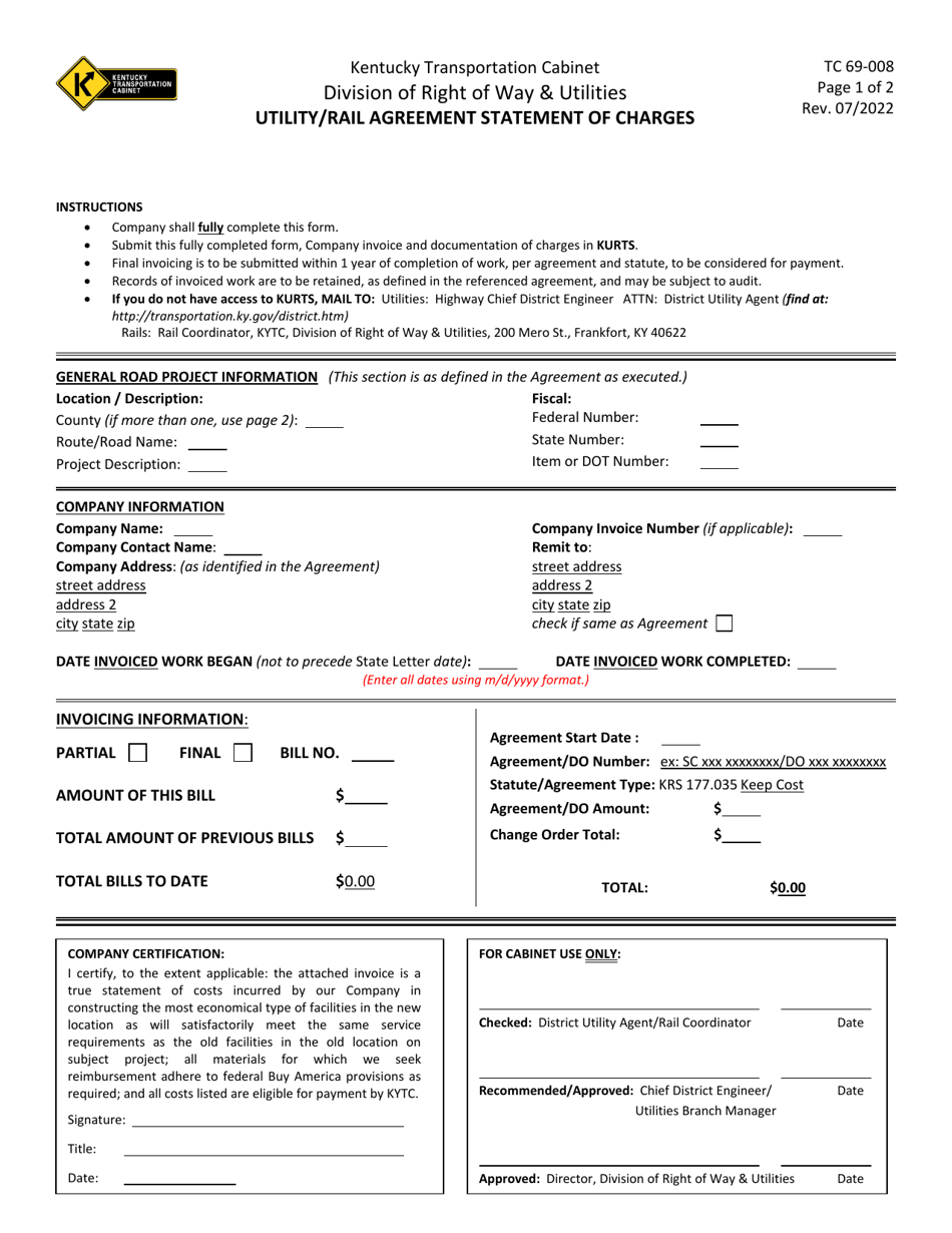 Form TC69-008 Utility / Rail Agreement Statement of Charges - Kentucky, Page 1