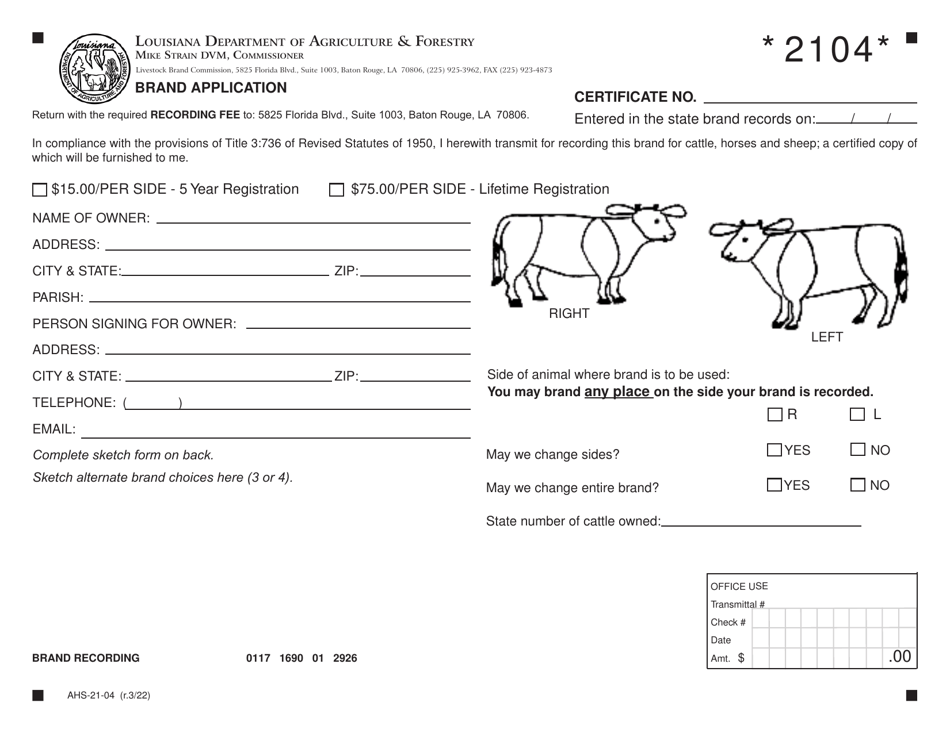 Form AHS-21-04 Brand Application - Cows / Horses / Sheep - Louisiana, Page 1