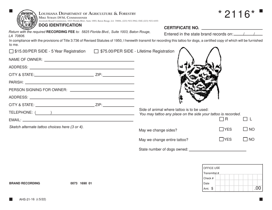 Form AHS-21-16 Dog Identification - Louisiana, Page 1