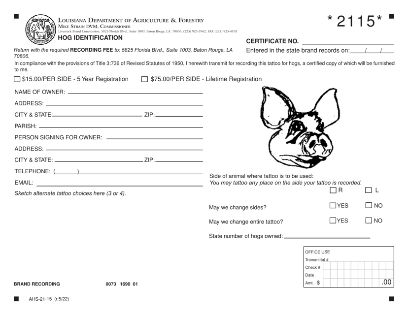 Form AHS-21-15  Printable Pdf