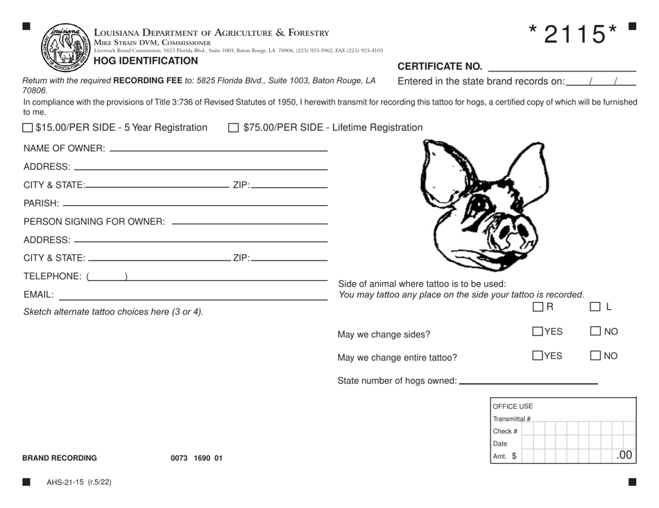 Form AHS-21-15 Hog Identification - Louisiana, Page 1