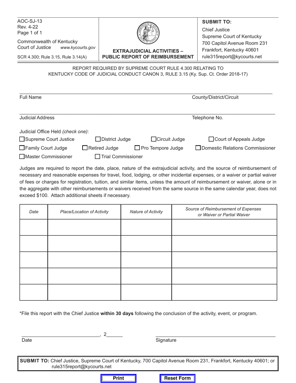 Form AOC-SJ-13 Extrajudicial Activities - Public Report of Reimbursement - Kentucky, Page 1