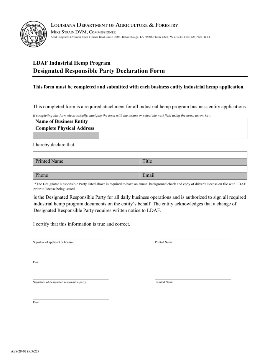 Form AES-28-02 Designated Responsible Party Declaration Form - Ldaf Industrial Hemp Program - Louisiana, Page 1