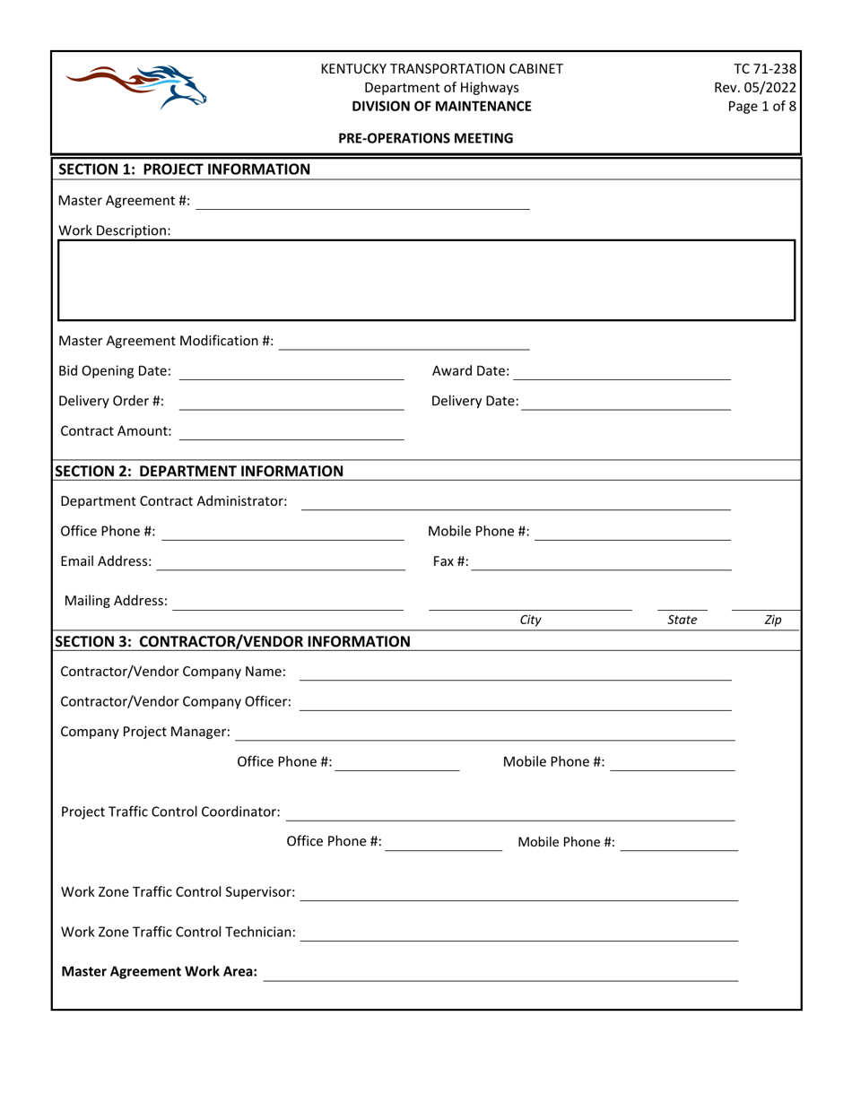 Form TC71-238 pre-Operations Meeting - Kentucky, Page 1