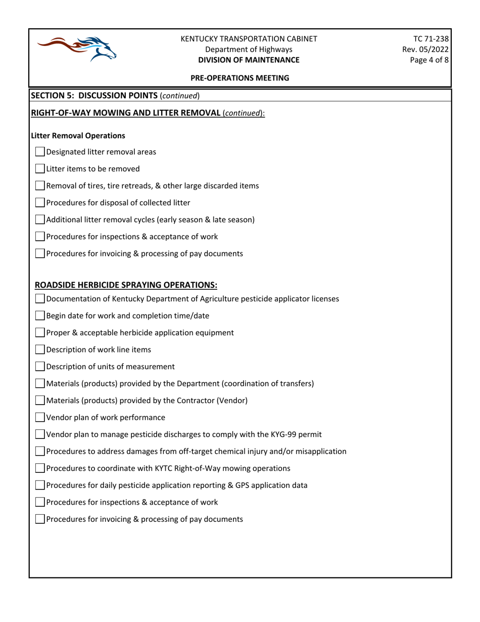Form TC71-238 pre-Operations Meeting - Kentucky, Page 4