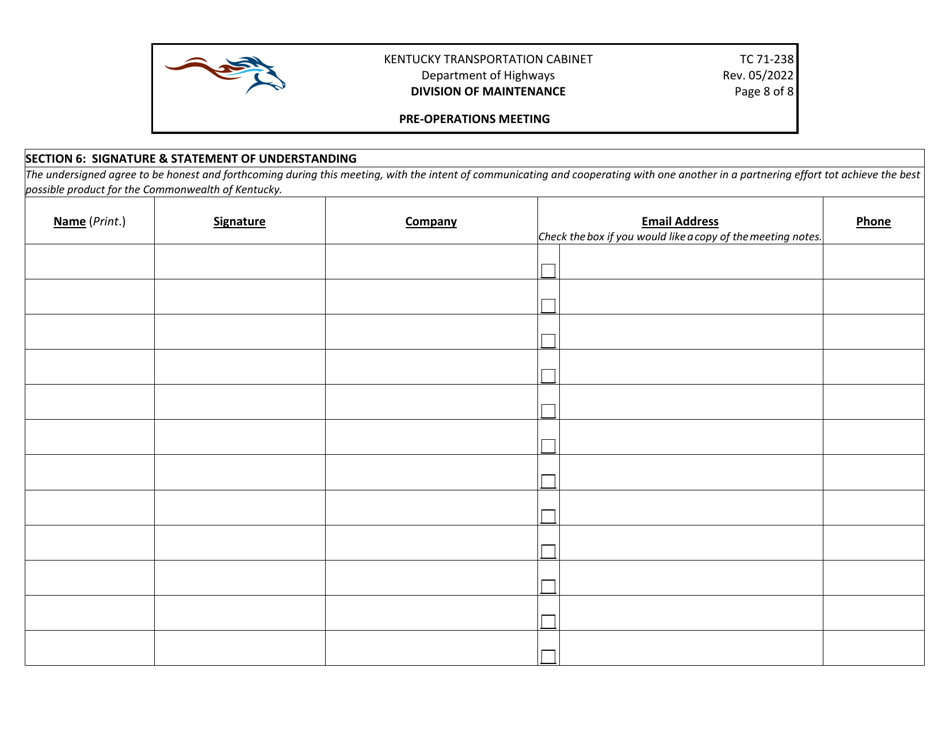 Form TC71-238 pre-Operations Meeting - Kentucky, Page 8