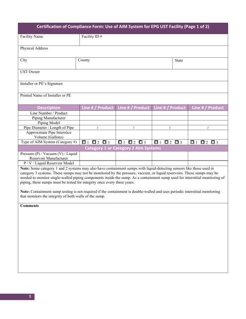 Certification of Compliance Form - Use of Aim System for Epg Ust Facility Download Pdf