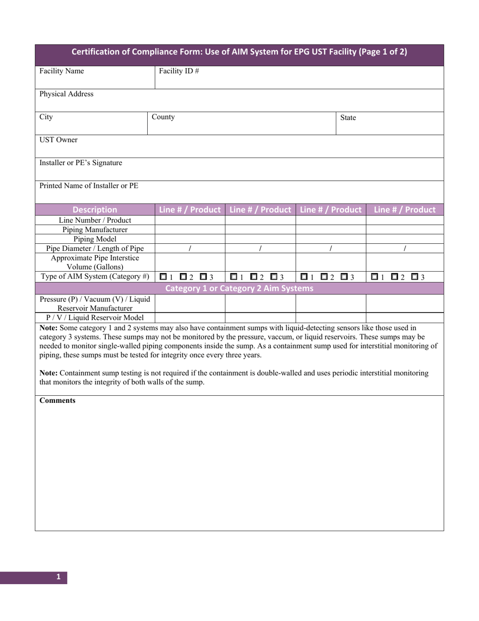 Certification of Compliance Form - Use of Aim System for Epg Ust Facility, Page 1