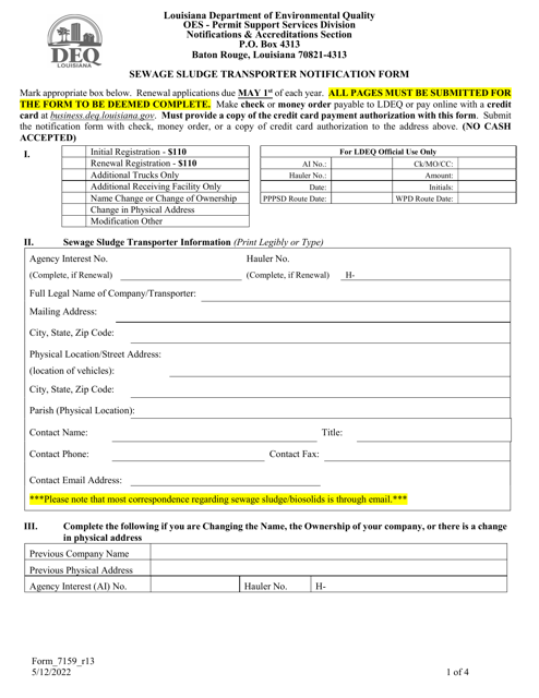 Form 7159 Sewage Sludge Transporter Notification Form - Louisiana