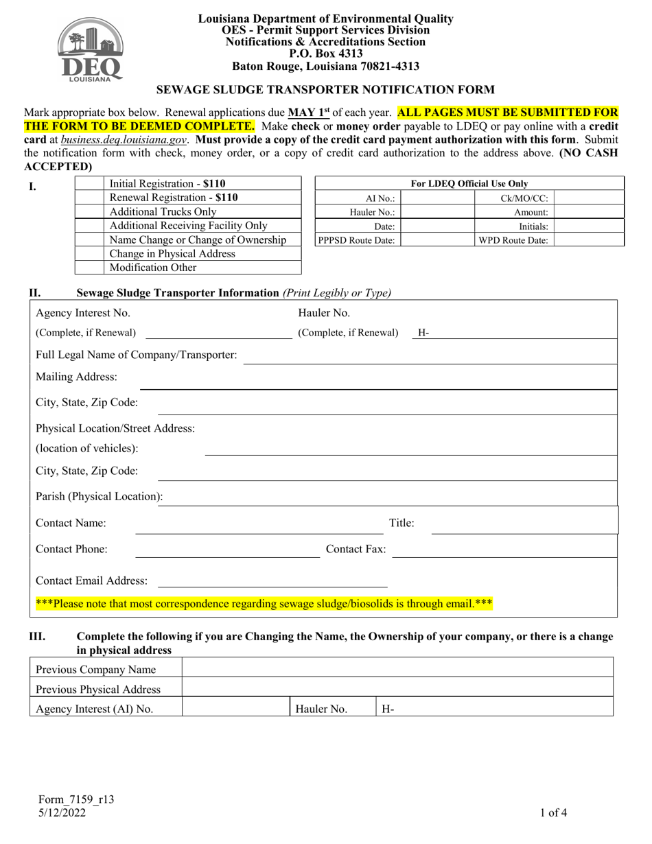 Form 7159 Sewage Sludge Transporter Notification Form - Louisiana, Page 1