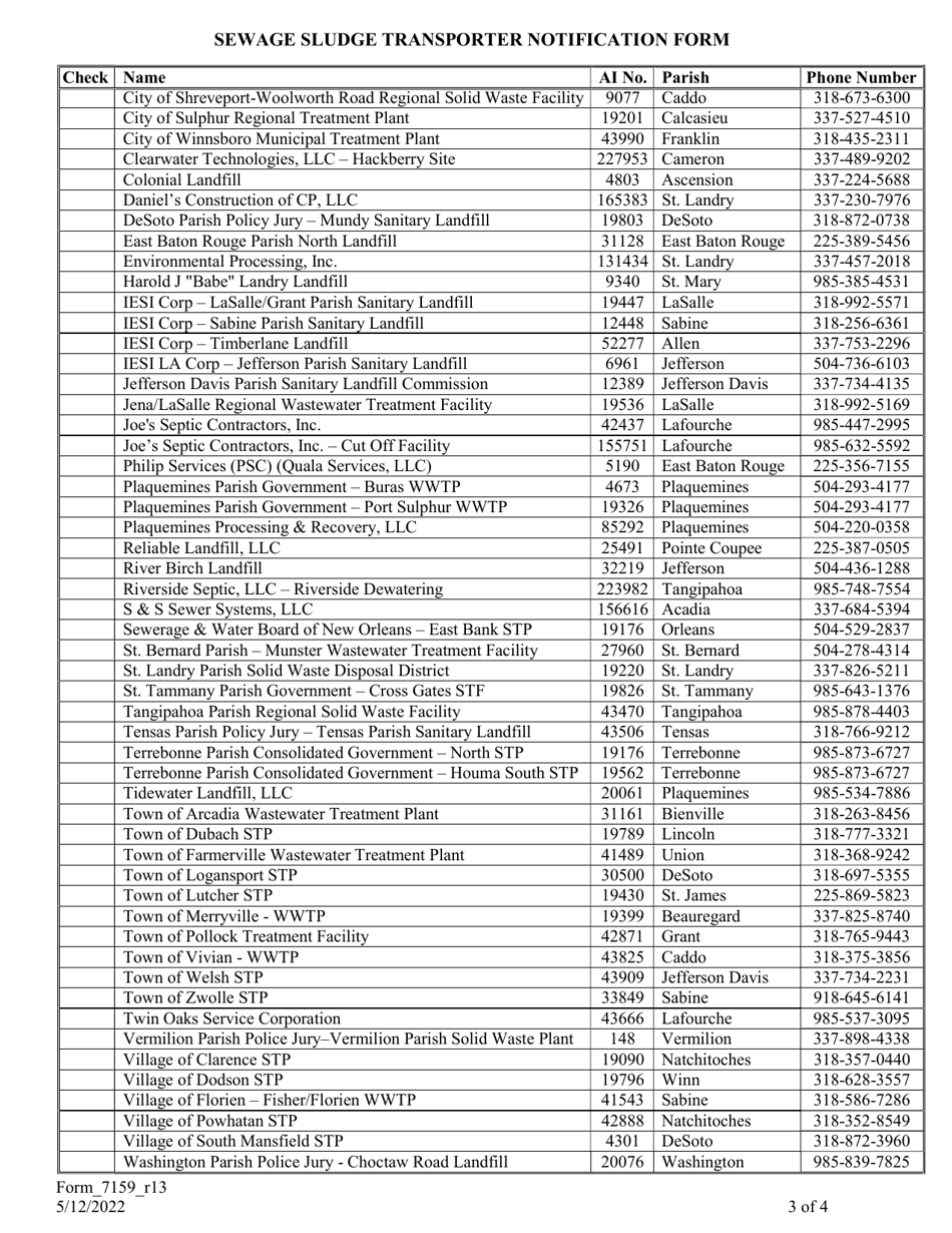 Form 7159 Sewage Sludge Transporter Notification Form - Louisiana, Page 3