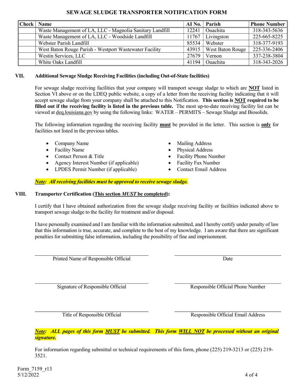 Form 7159 Sewage Sludge Transporter Notification Form - Louisiana, Page 4