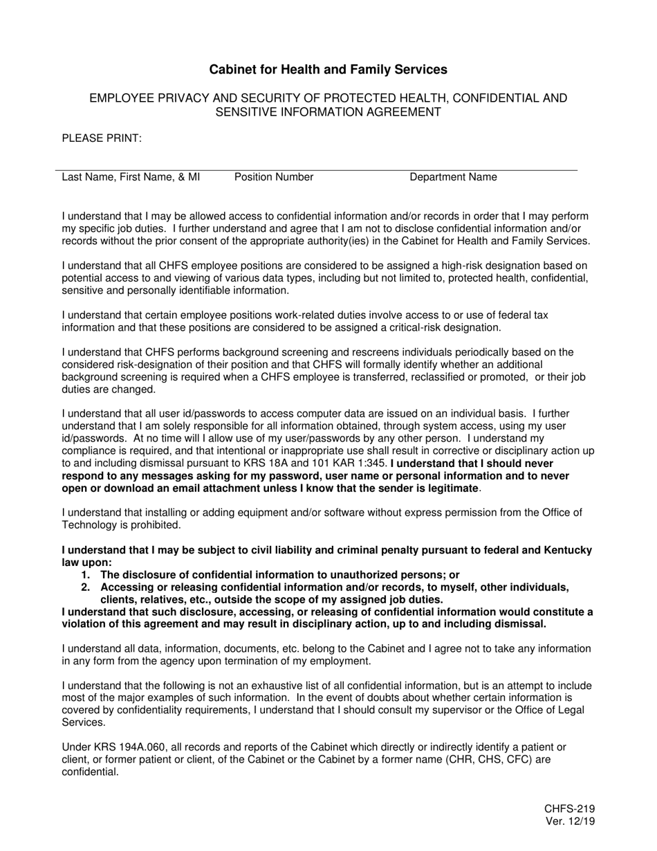 Form CHFS-219 Employee Privacy and Security of Protected Health, Confidential and Sensitive Information Agreement - Kentucky, Page 1