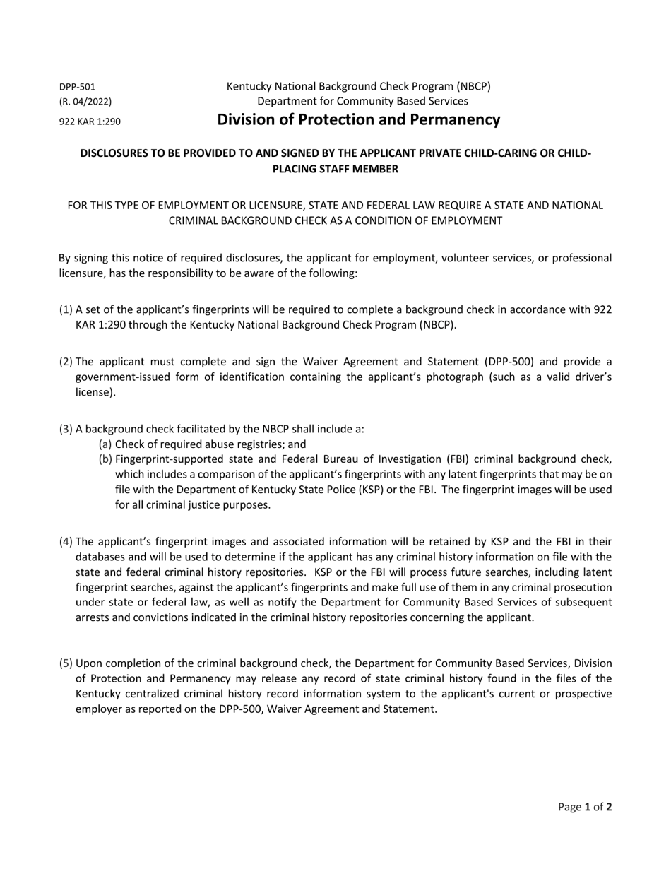 Form DPP-501 Disclosures to Be Provided to and Signed by the Applicant Private Child-Caring or Childplacing Staff Member - National Background Check Program (Nbcp) - Kentucky, Page 1