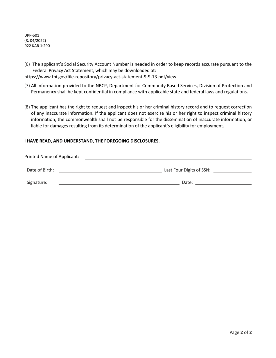Form DPP-501 Disclosures to Be Provided to and Signed by the Applicant Private Child-Caring or Childplacing Staff Member - National Background Check Program (Nbcp) - Kentucky, Page 2