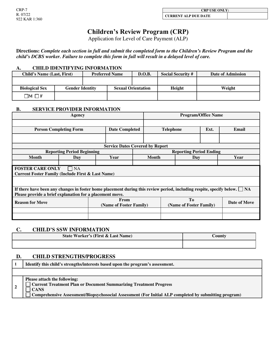 Form CRP-7 Application for Level of Care Payment (ALP) - Childrens Review Program (Crp) - Kentucky, Page 1