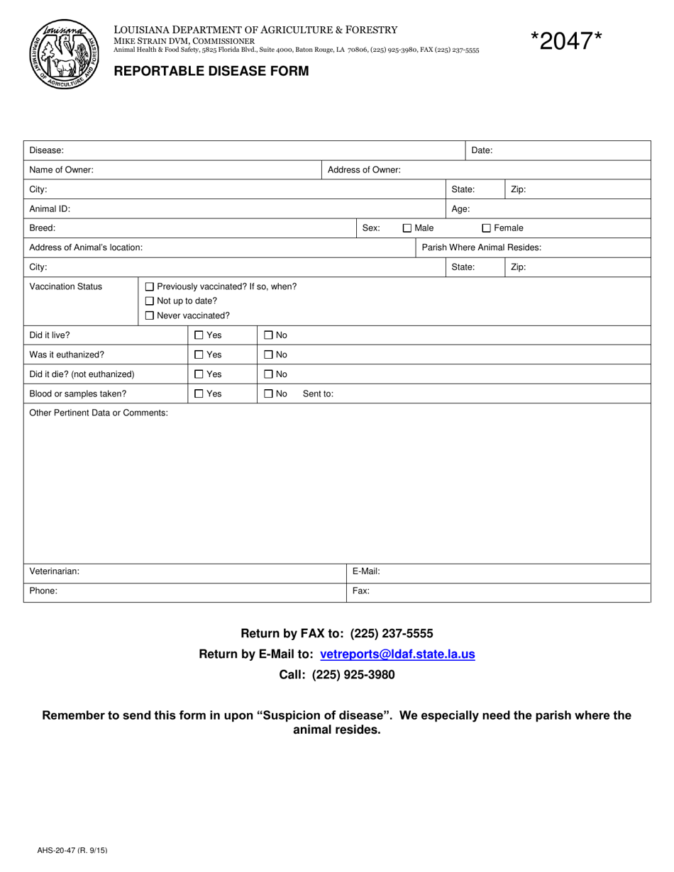 Form AHS-20-47 Reportable Disease Form - Louisiana, Page 1