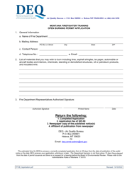 Document preview: Montana Firefighter Training Open Burning Permit Application - Montana