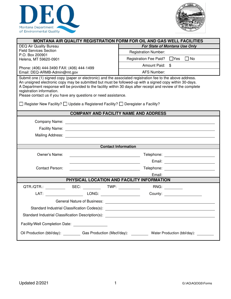 Montana Air Quality Registration Form for Oil and Gas Well Facilities - Montana, Page 1