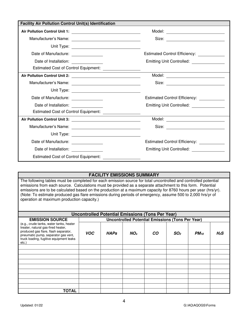 Montana Air Quality Registration Form for Oil and Gas Well Facilities - Montana, Page 4