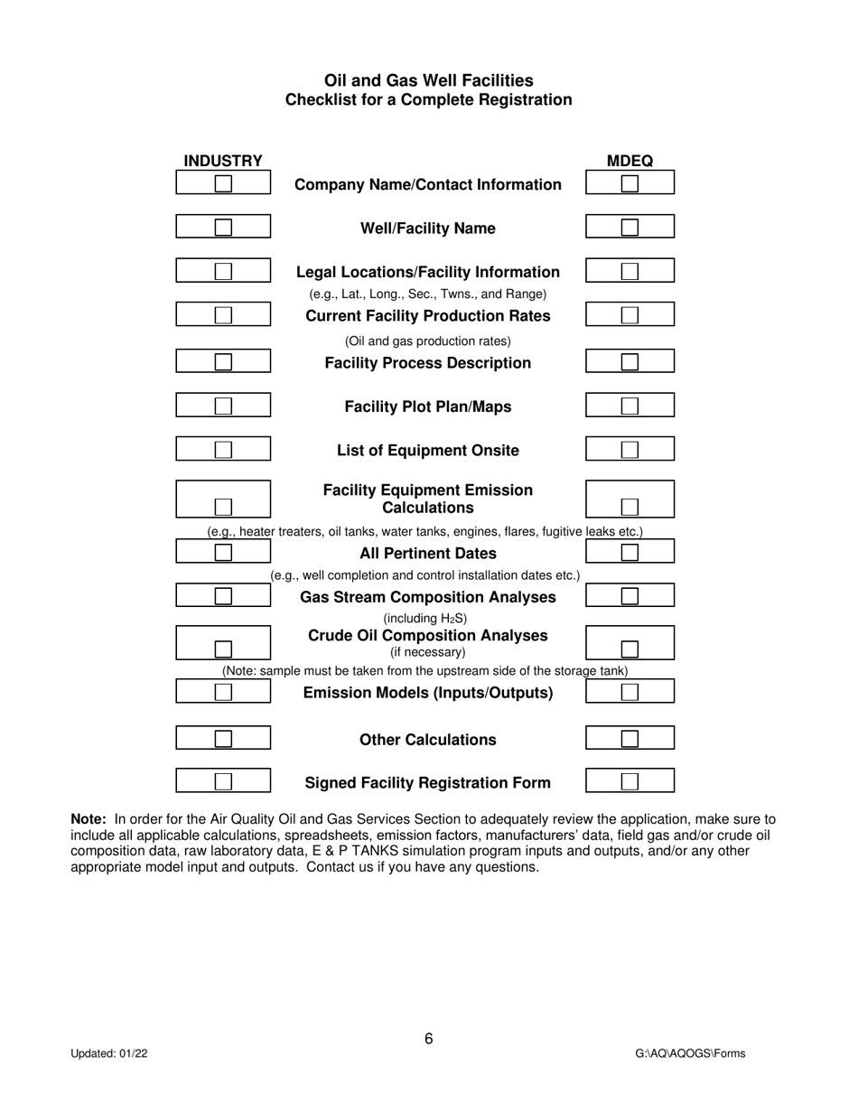Montana Air Quality Registration Form for Oil and Gas Well Facilities - Montana, Page 6