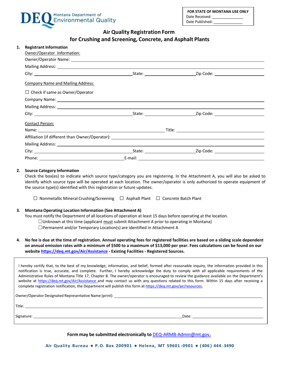 Air Quality Registration Form for Crushing and Screening, Concrete, and Asphalt Plants - Montana, Page 1