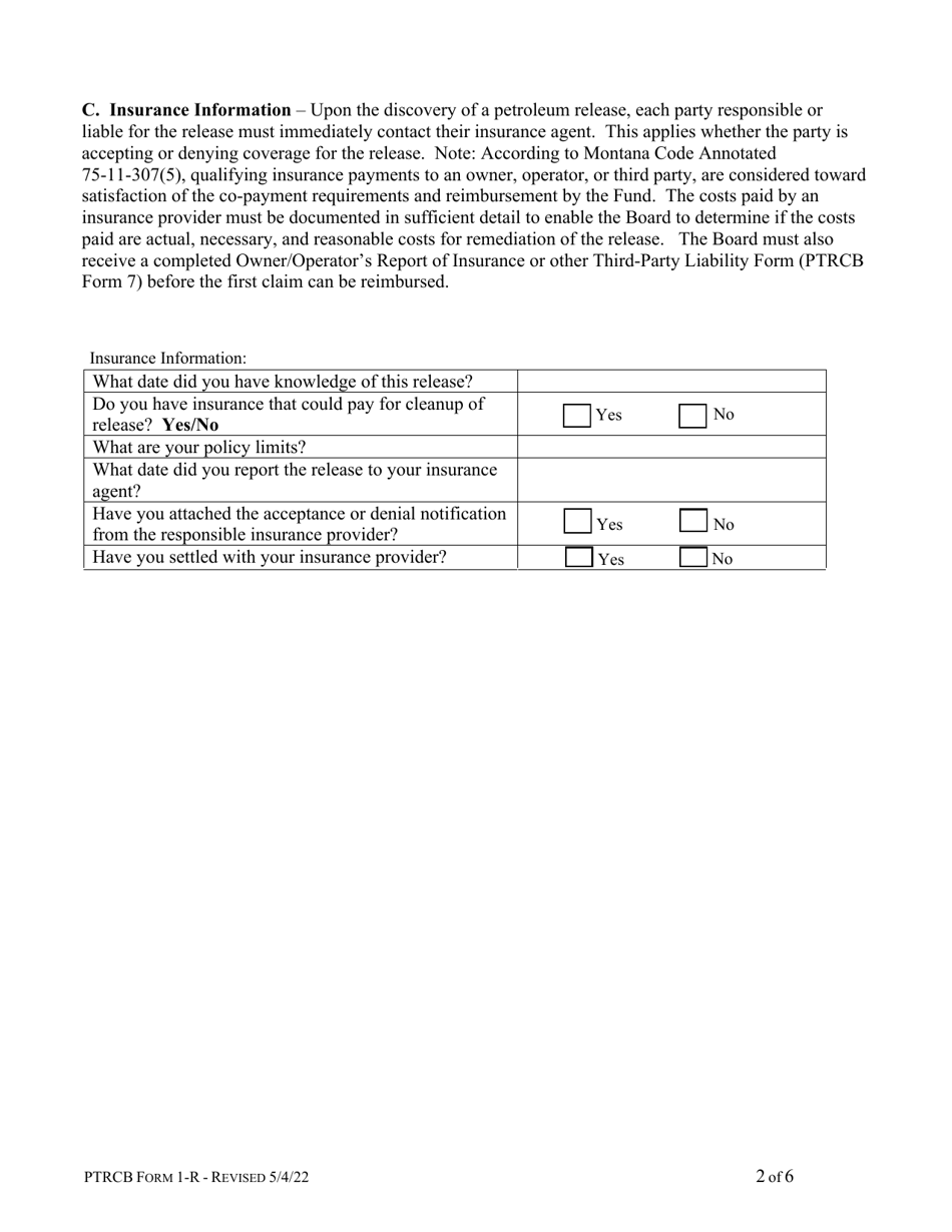 PTRCB Form 1-R Application for Petroleum Release Eligibility - Montana, Page 2