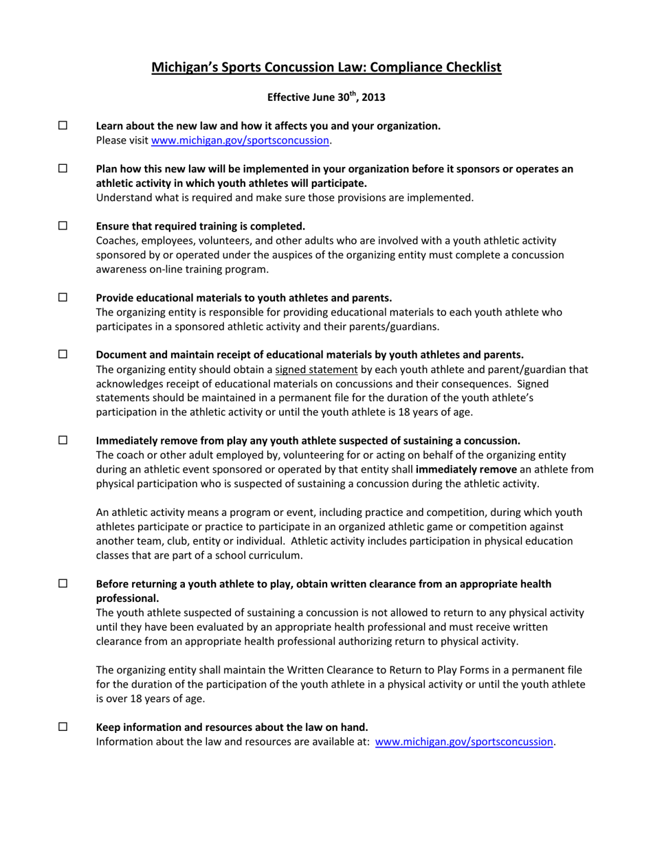 Michigans Sports Concussion Law: Compliance Checklist - Michigan, Page 1