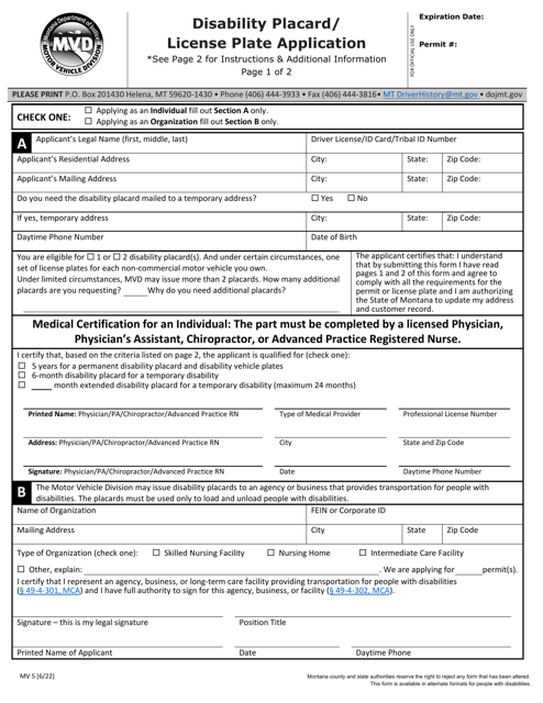 Form MV5 Disability Placard/License Plate Application - Montana