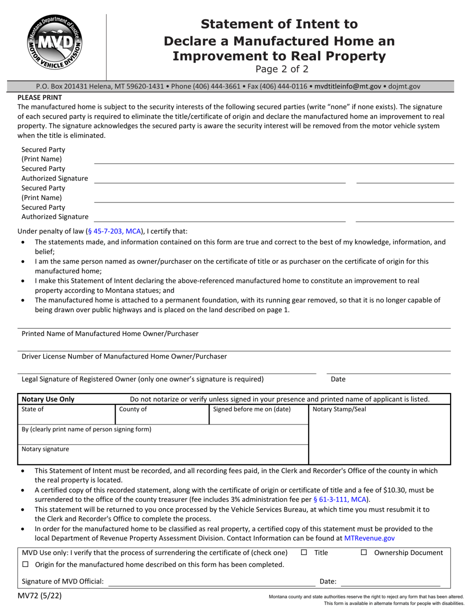 Form MV72 Statement of Intent to Declare a Manufactured Home an Improvement to Real Property - Montana, Page 2