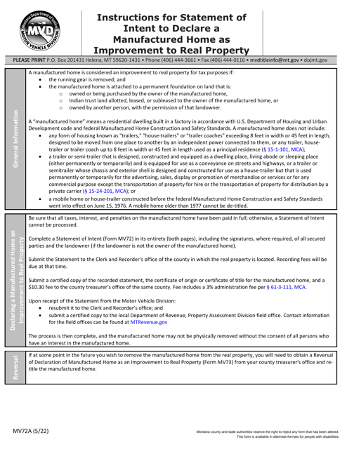 Instructions for Form MV72 Statement of Intent to Declare a Manufactured Home an Improvement to Real Property - Montana
