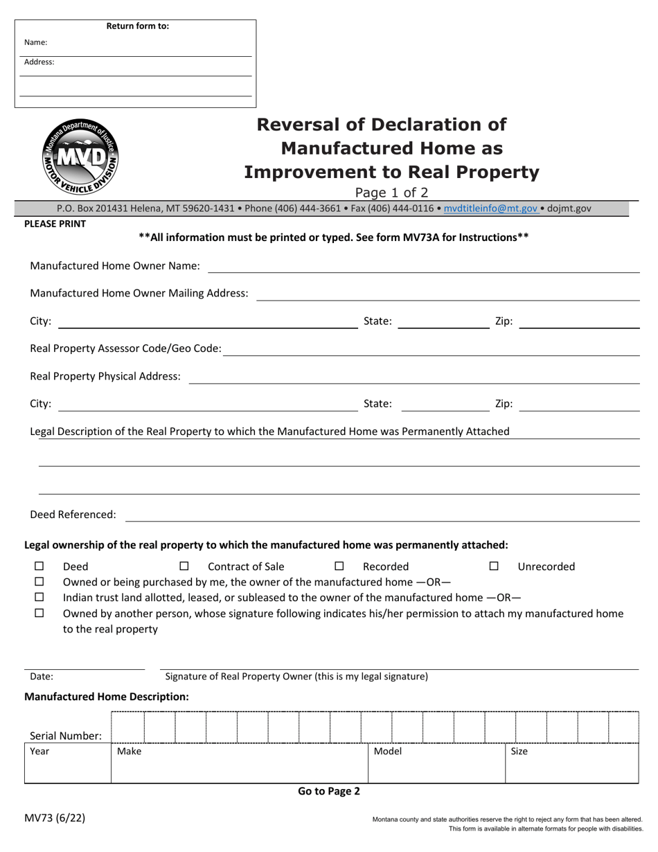 Form MV73 Reversal of Declaration of Manufactured Home as Improvement to Real Property - Montana, Page 1