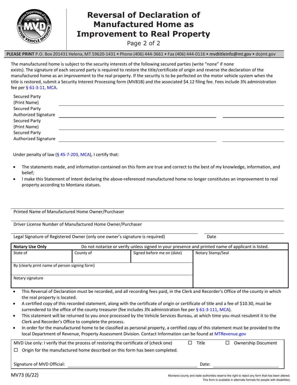 Form MV73 Reversal of Declaration of Manufactured Home as Improvement to Real Property - Montana, Page 2