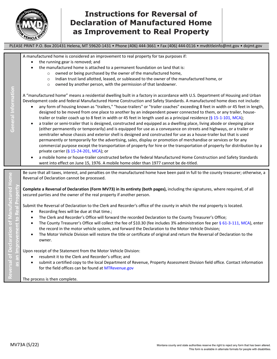 Instructions for Form MV73 Reversal of Declaration of Manufactured Home as Improvement to Real Property - Montana, Page 1