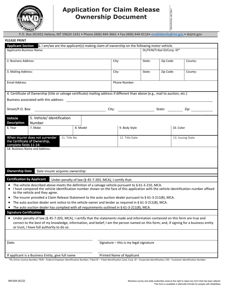 Form MV204 Application for Claim Release Ownership Document - Montana, Page 1