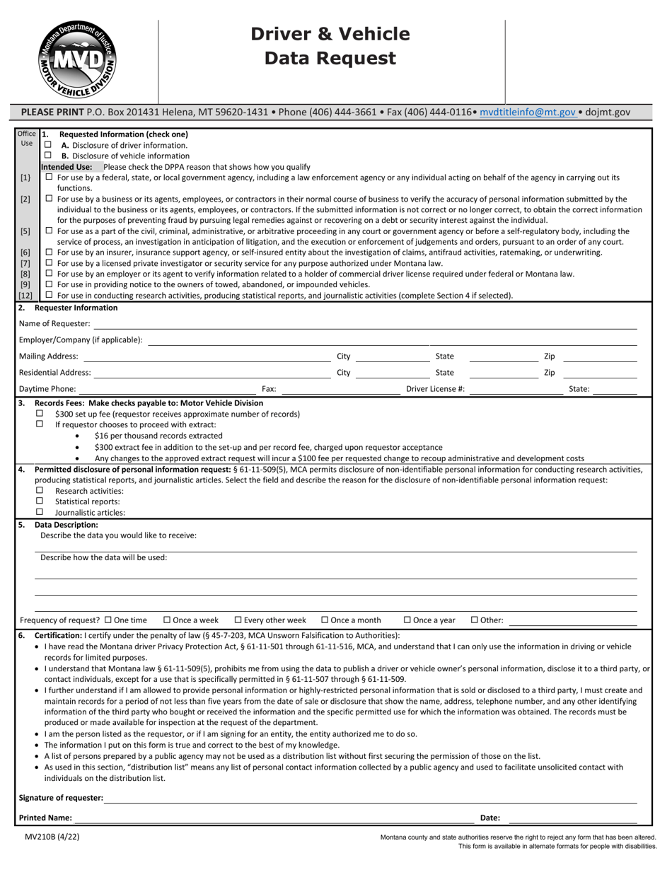 Form MV210B Driver  Vehicle Data Request - Montana, Page 1