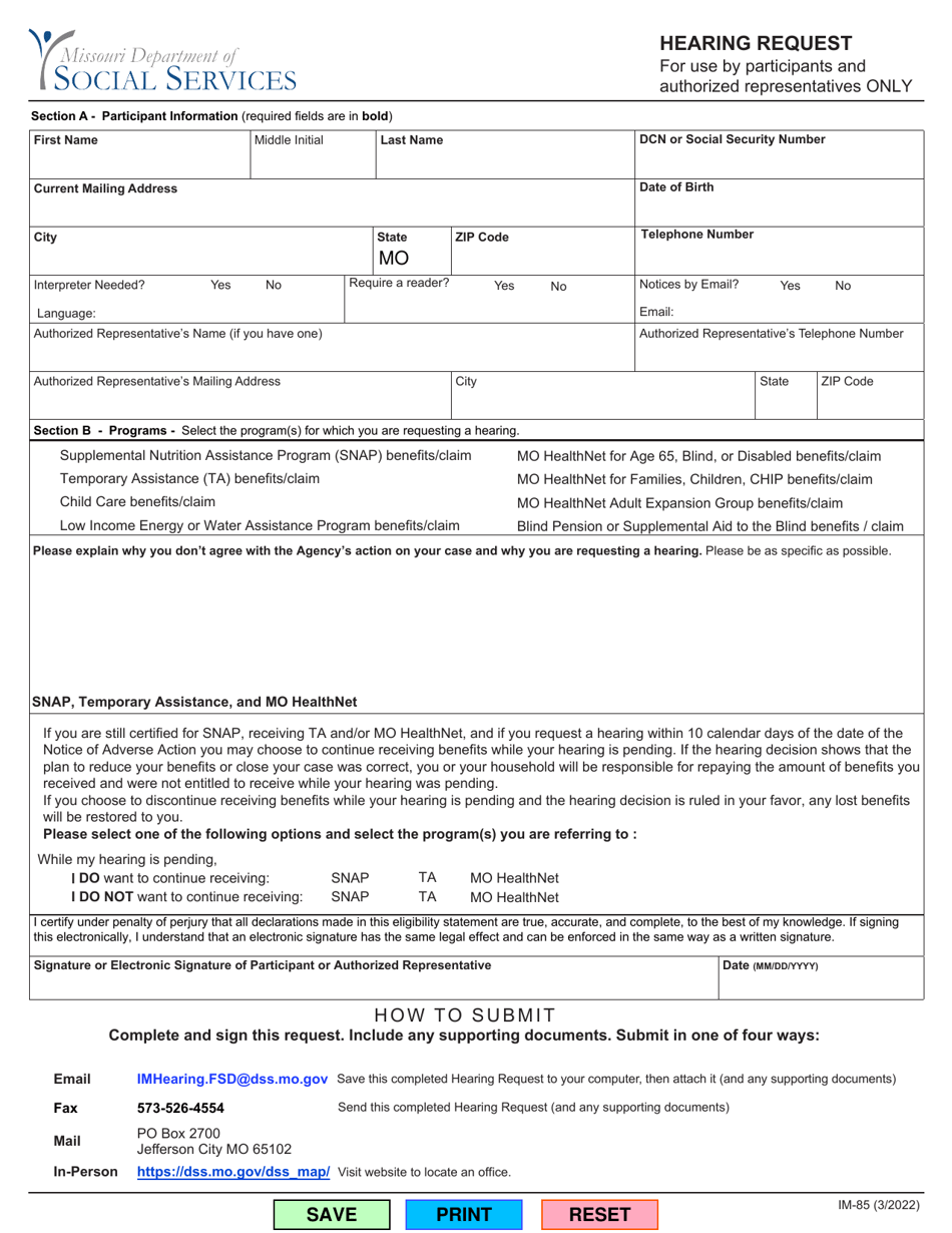 Form IM-85 Hearing Request - Missouri, Page 1
