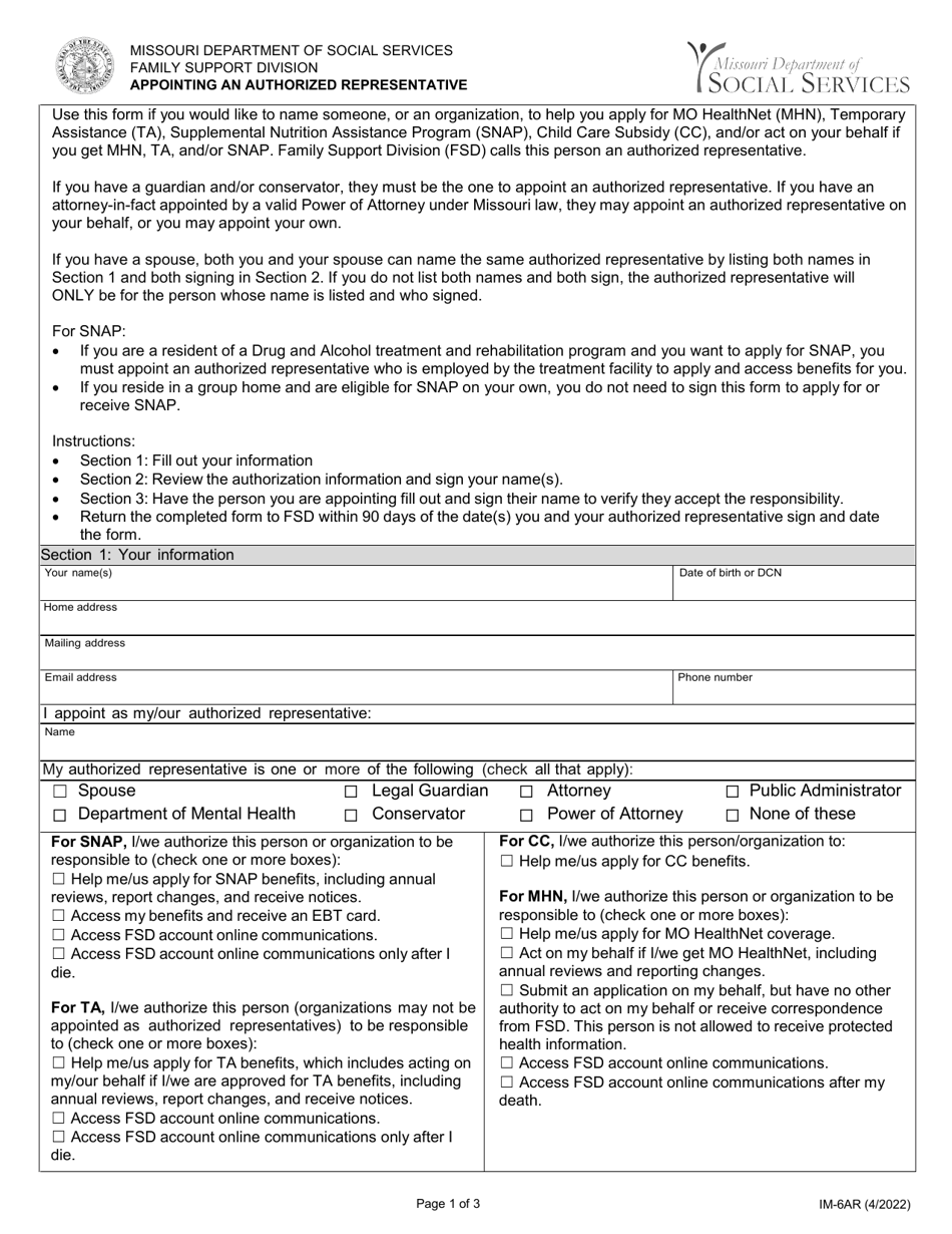 Form IM-6AR Appointing an Authorized Representative - Missouri, Page 1