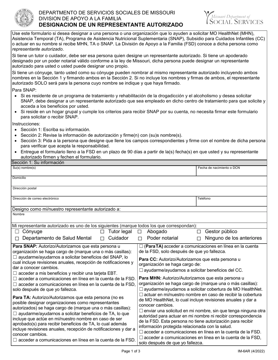 Formulario IM-6AR Designacion De Un Representante Autorizado - Missouri (Spanish), Page 1