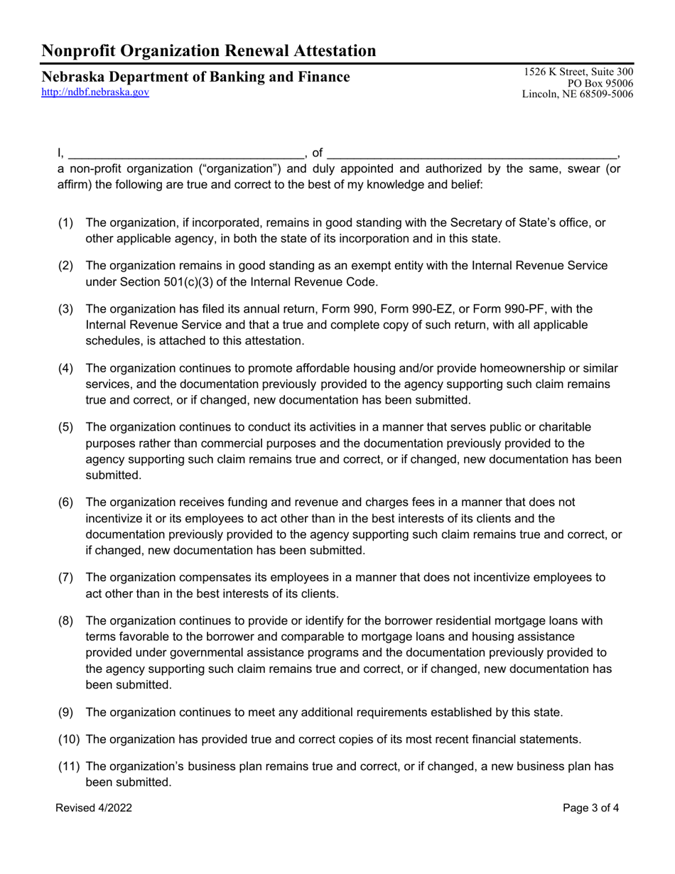 Nebraska Nonprofit Organization Annual Renewal Attestation - Nebraska, Page 3