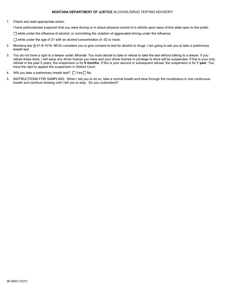 Form 36-0500 Past Advisory - Montana, Page 1