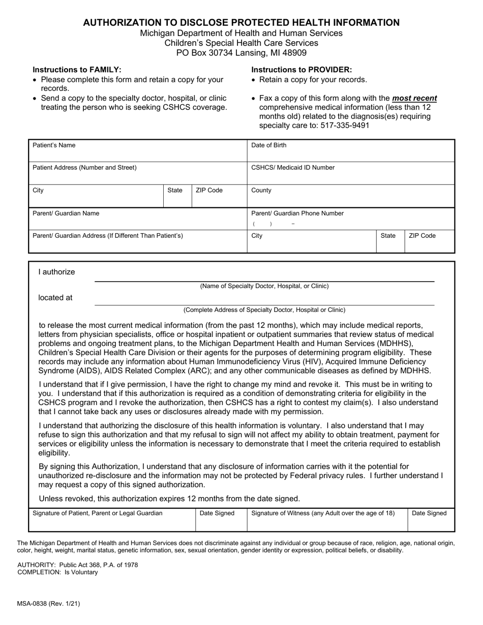 Form MSA-0838 Authorization to Disclose Protected Health Information - Michigan, Page 1
