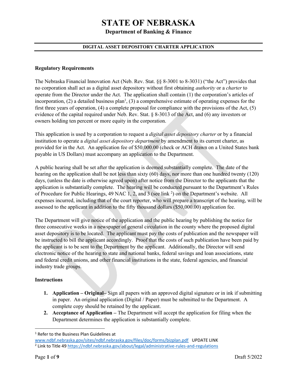 Nebraska Digital Asset Depository Charter Application Draft Fill