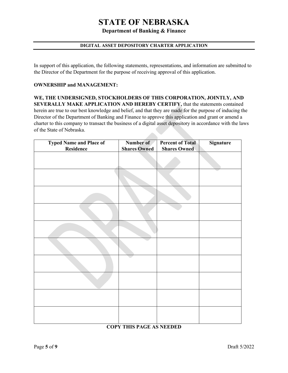 Digital Asset Depository Charter Application - Draft - Nebraska, Page 5