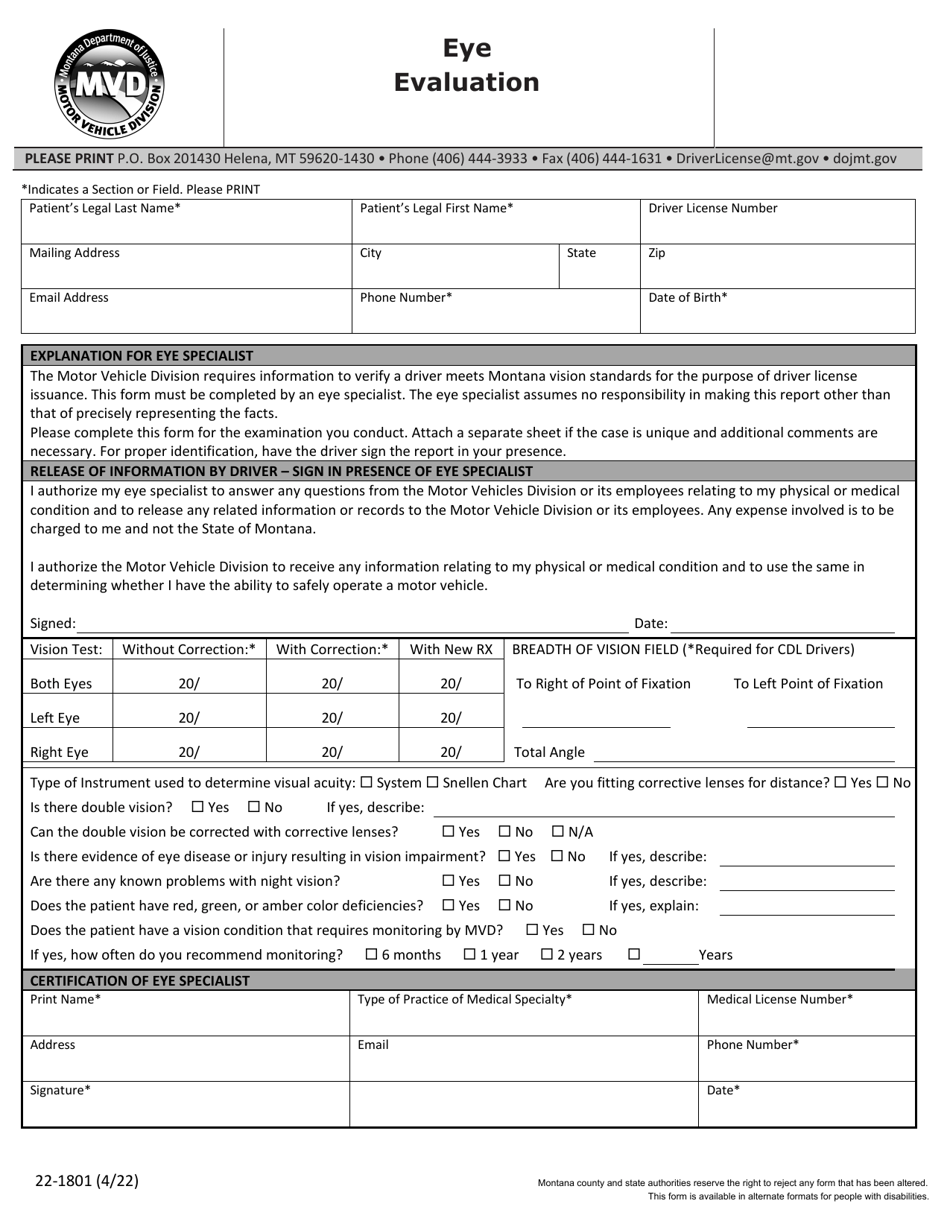 Form 22-1801 Eye Evaluation - Montana, Page 1