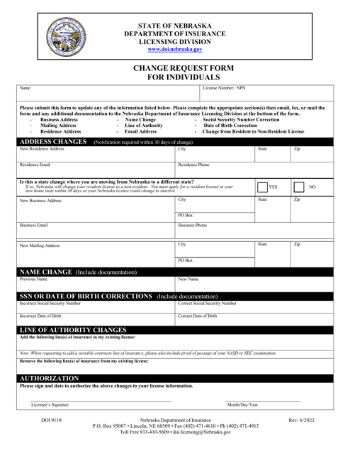 Form DOI9110 Change Request Form for Individuals - Nebraska