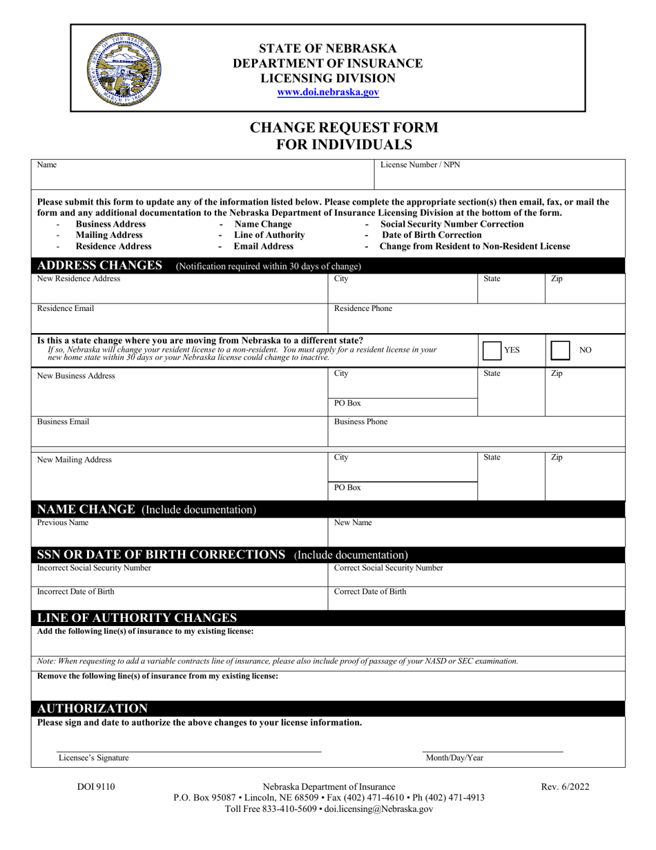 Form DOI9110 Change Request Form for Individuals - Nebraska, Page 1